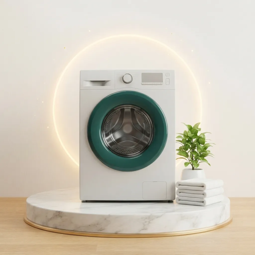 Une buanderie de maison, lumière de fin de journée, une machine en cours de cycle et du linge plié posé dessus.