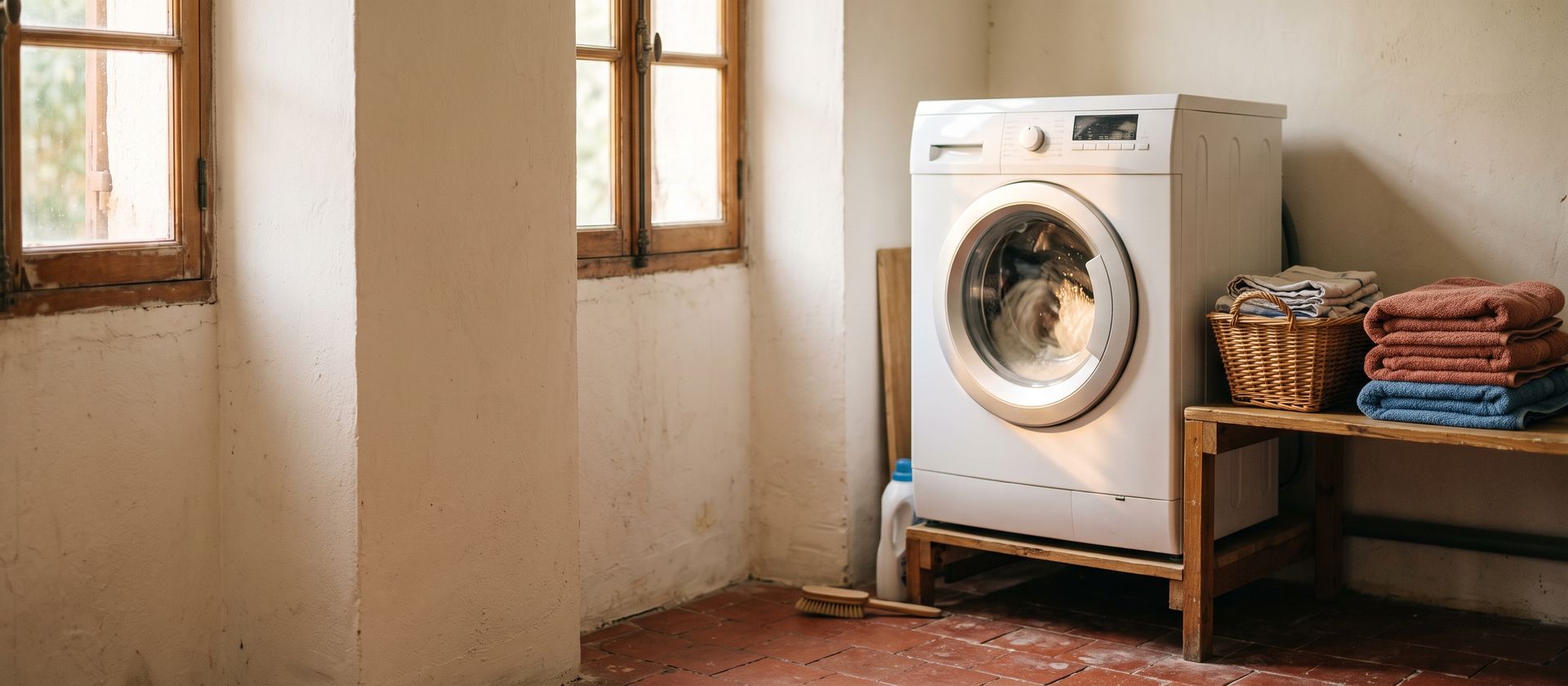 Une buanderie de maison, lumière de fin de journée, une machine en cours de cycle et du linge plié posé dessus.